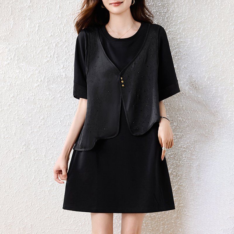 봄 여름 여성 페이크투피스 베스트 레이어드 루즈핏 빅사이즈 반팔 미니 원피스 블랙 - 상품 이미지