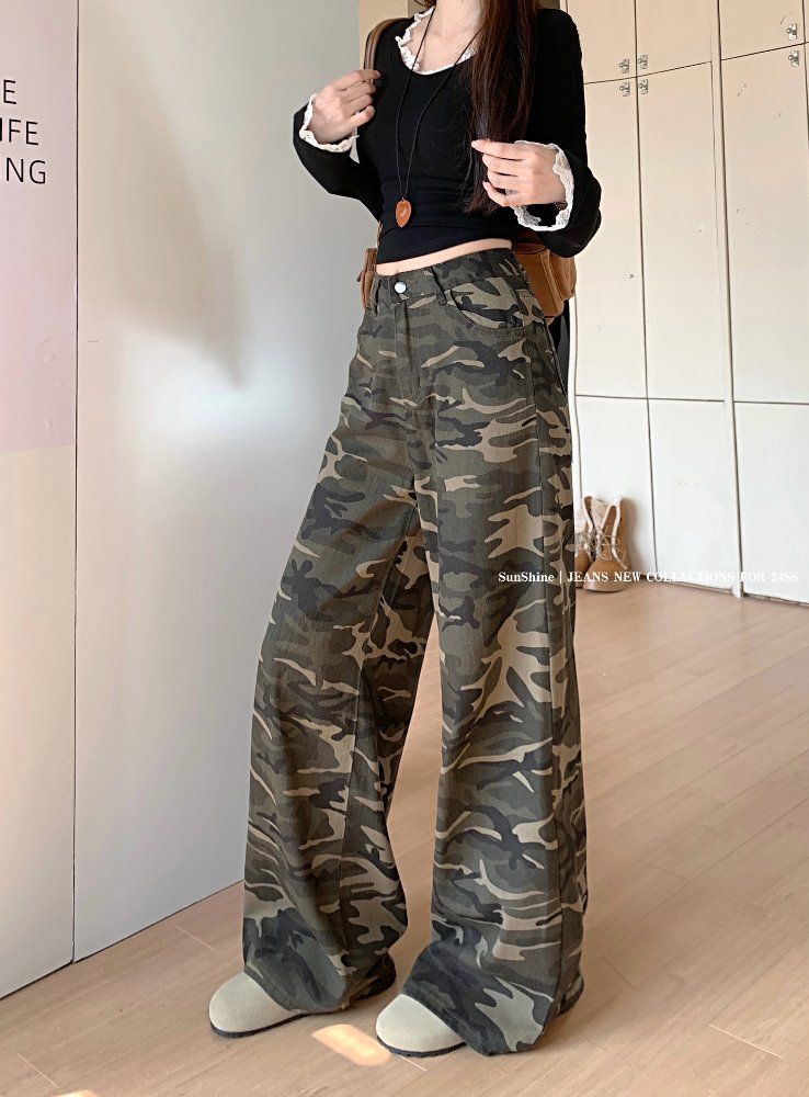 봄 가을 여성 하이웨스트 루즈핏 밀리터리 카모 카무플라주 와이드 롱 면 팬츠 바지 - 상세 이미지 4