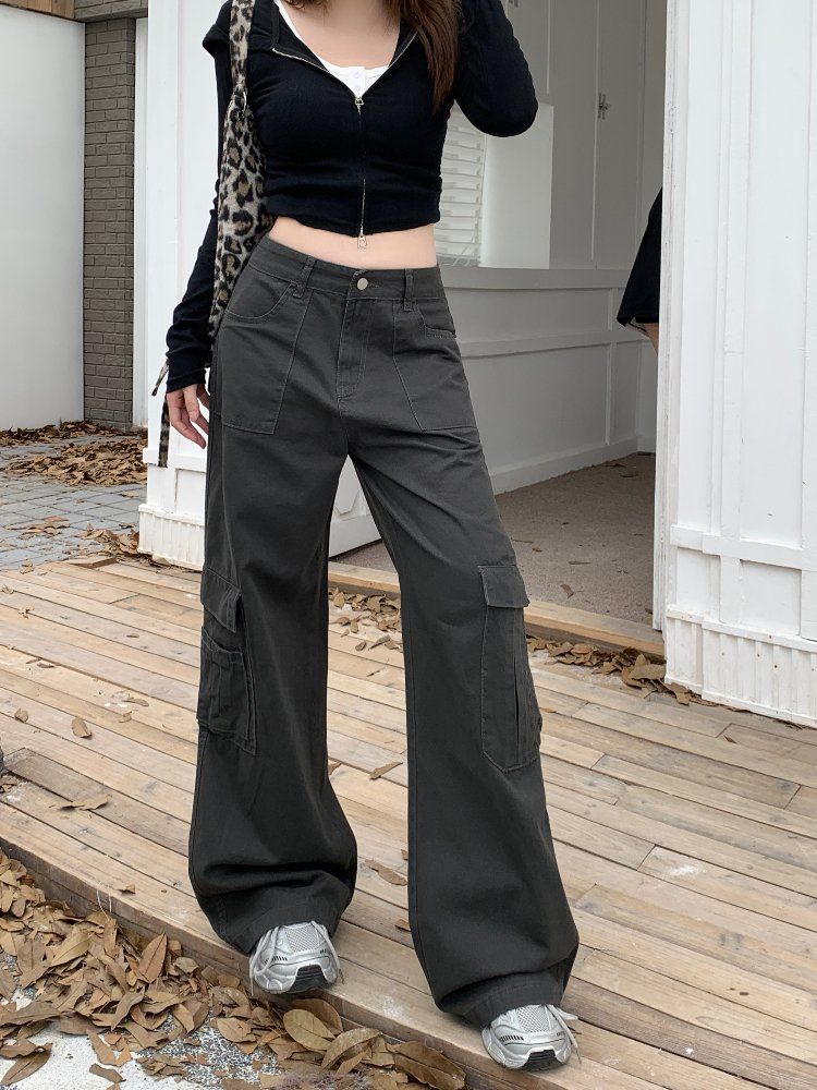 가을 여성 하이웨이스트 루즈핏 카고 포켓 와이드 롱 면 팬츠 바지 아이보리 그레이 - 상세 이미지 3