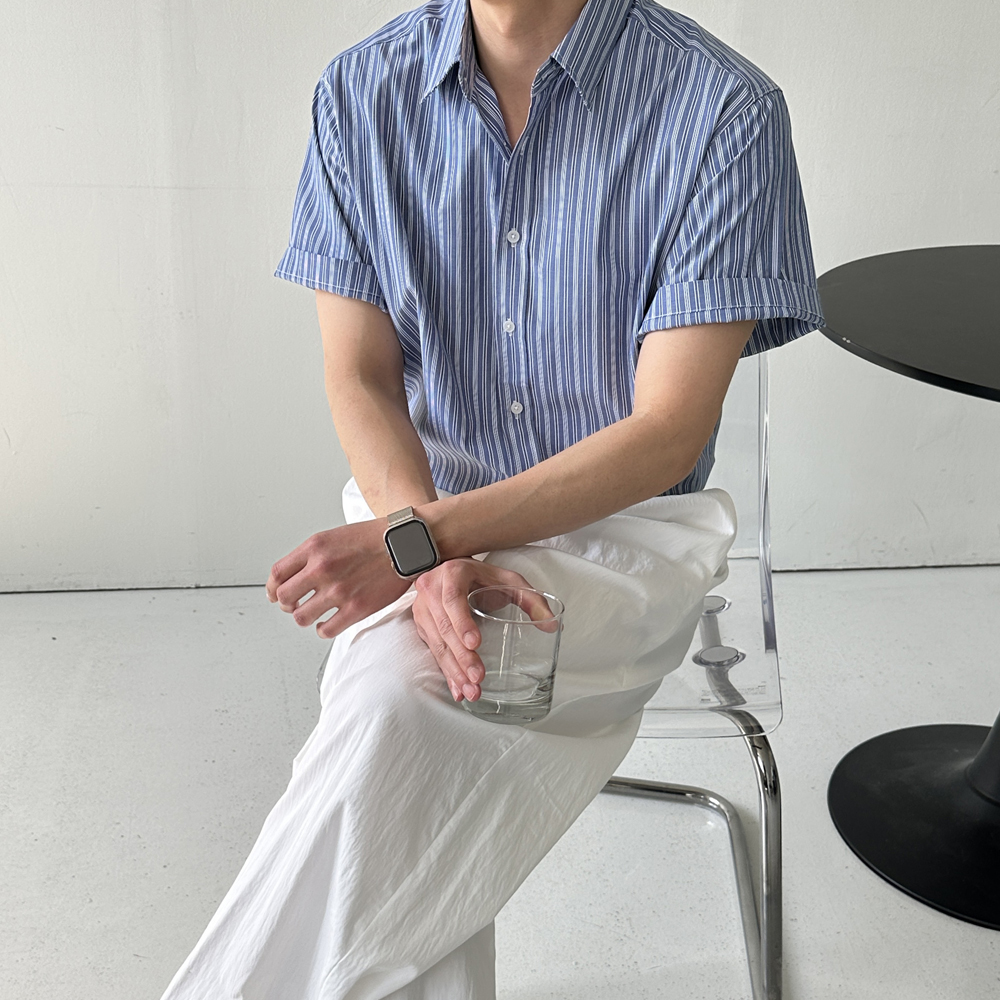 남자 반팔셔츠 단가라 스트라이프 여름 남방 남자 셔츠 - 상세 이미지 2