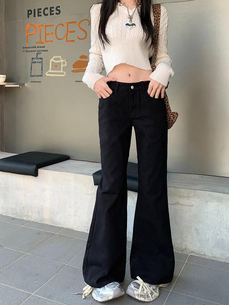 봄 가을 여성 하이웨스트 루즈핏 세미 부츠컷 와이드 롱 면 팬츠 바지 블랙 화이트 - 상세 이미지 5