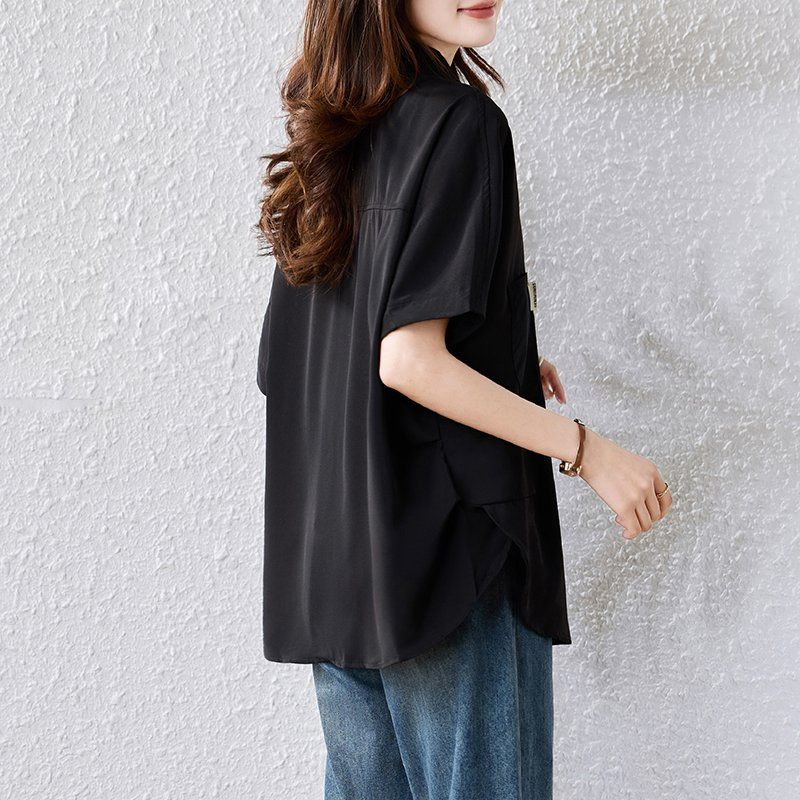 봄 여름 여성 캐주얼 카라넥 포켓 라벨 루즈핏 빅사이즈 반팔 셔츠 블라우스 블랙 - 상세 이미지 3