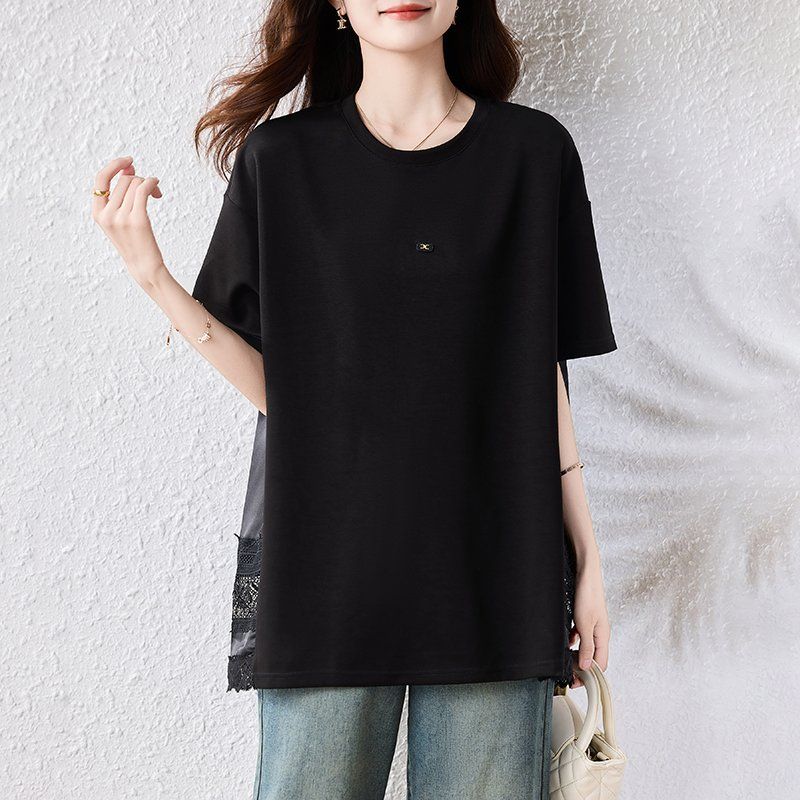 봄 여름 여성 캐주얼 레이스 배색 플리츠 루즈핏 빅사이즈 라운드넥 반팔 티셔츠 블랙 - 상세 이미지 2