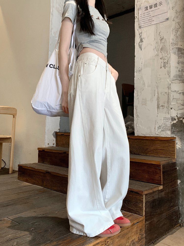 봄 여름 여성 하이웨이스트 루즈핏 기본 워싱 와이드 롱 면 팬츠 바지 화이트 - 상세 이미지 2