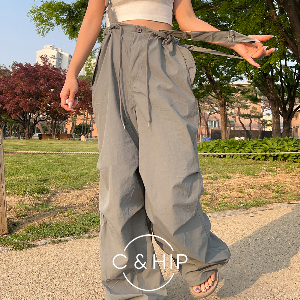 오버롤 오버핏 끈 바람막이 여름 멜빵 바지 나일론 와이드팬츠 - 상품 이미지