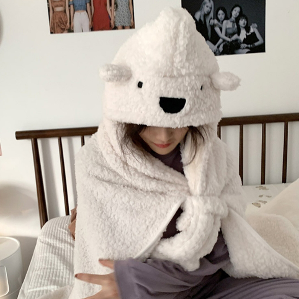 후드 담요 학생 사무실 겨울 두꺼운 따뜻한 곰돌이 망토 휴대용 학교 독서실 캐릭터 귀여운 - 상품 이미지