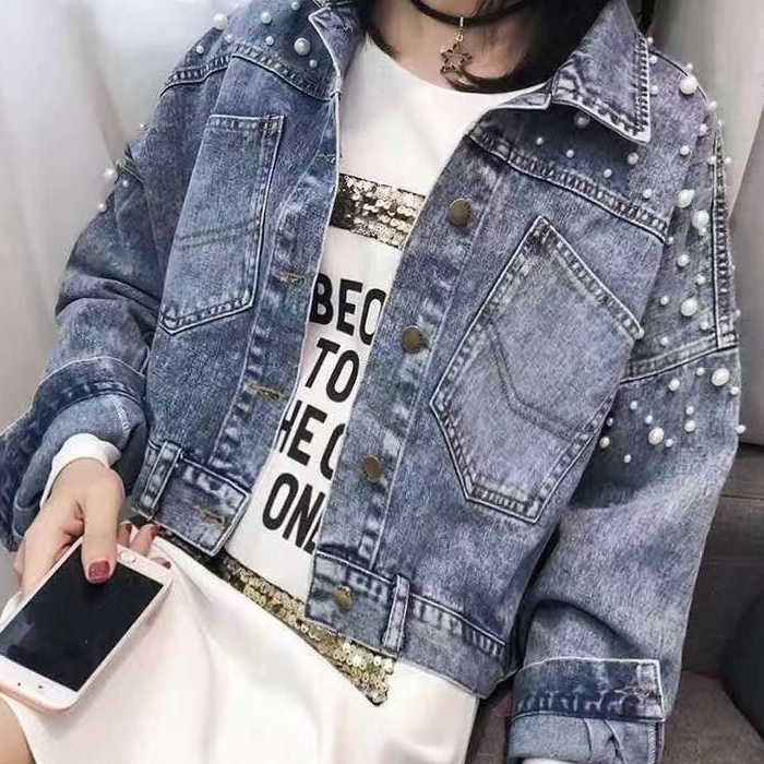 큐빅 진주 청자켓 여성 데님자켓 - 메인 이미지