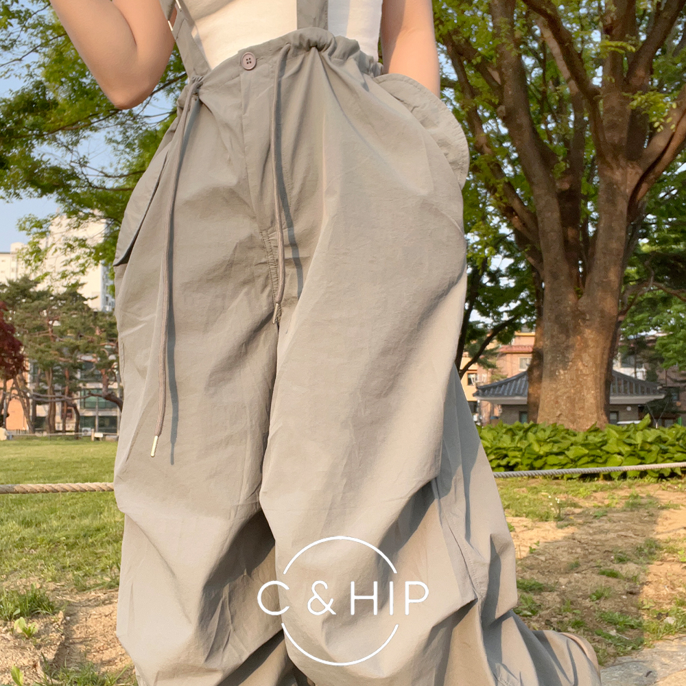 오버롤 오버핏 끈 바람막이 여름 멜빵 바지 나일론 와이드팬츠 - 상세 이미지 2