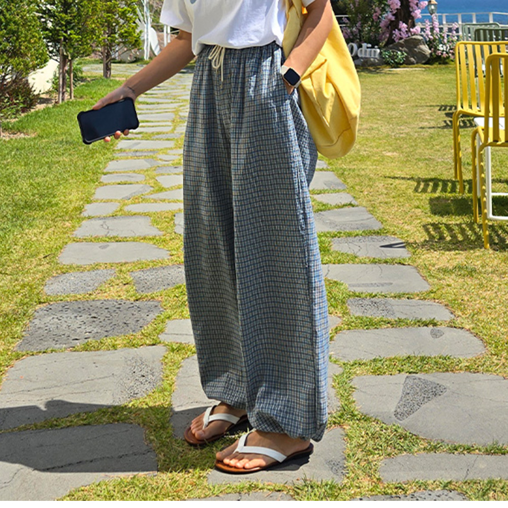 체크 밴딩 여자바지 루즈핏 통바지 - 상품 이미지