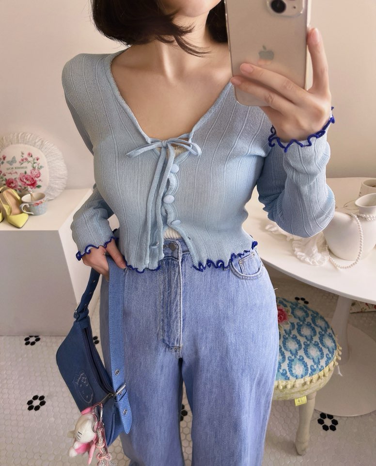 웨이브 리본 카디건 (프릴,크롭,버튼,배색,여름카디건) [비비아레이디]