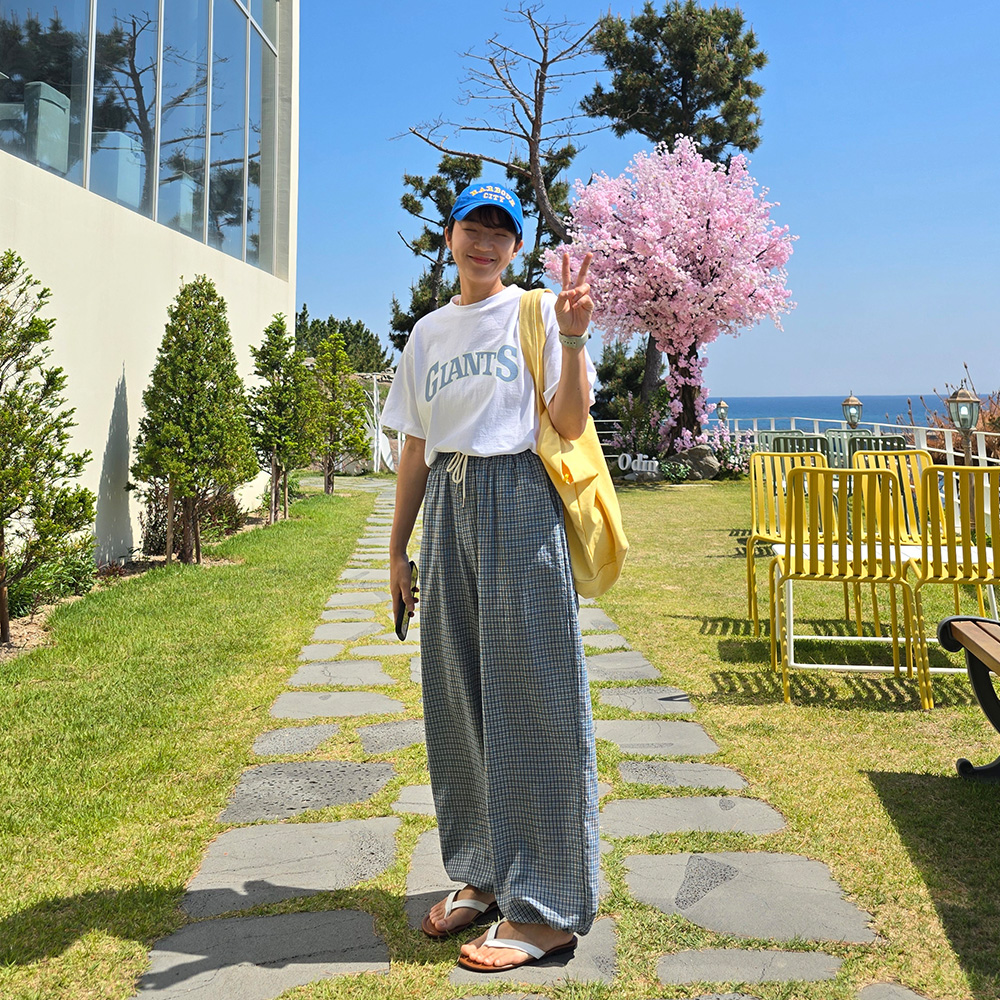 체크 밴딩 여자바지 루즈핏 통바지 - 상세 이미지 5