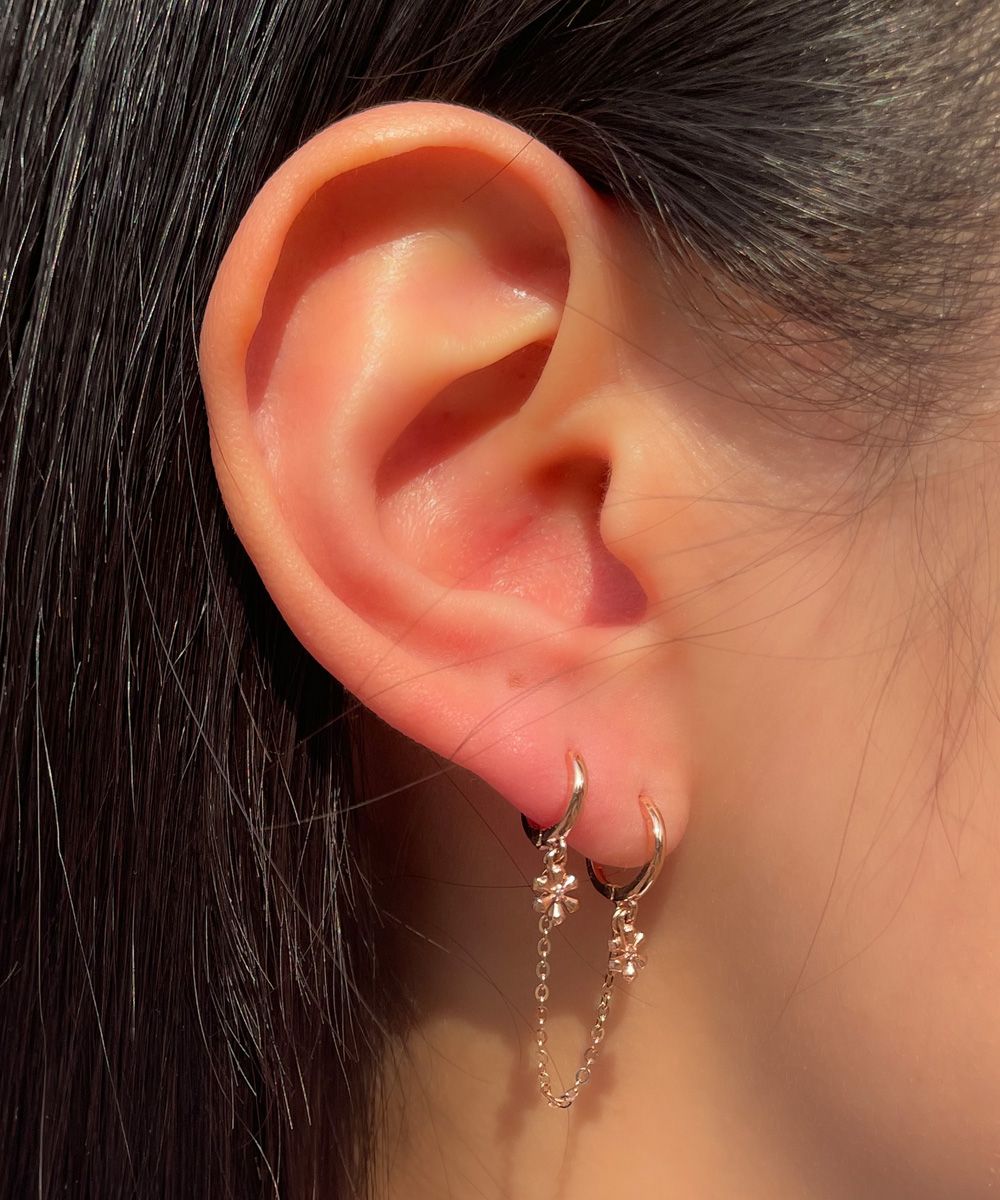 플루 플라워 투 링 체인 원터치 꽃 귀걸이 데일리 여자 친구 선물 14K 18K - 상세 이미지 2