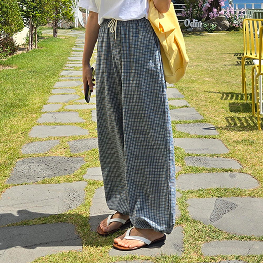 체크 밴딩 여자바지 루즈핏 통바지 - 상세 이미지 2