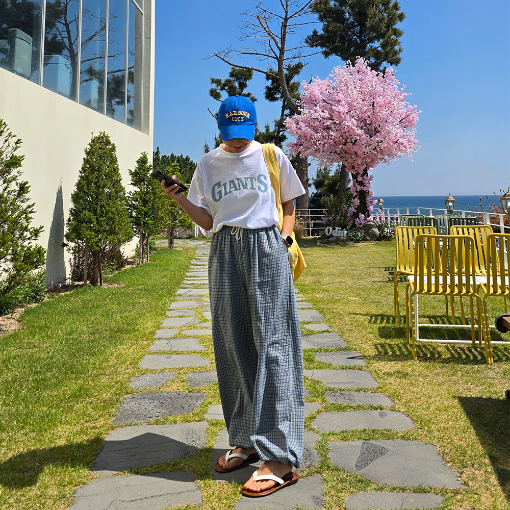 체크 밴딩 여자바지 루즈핏 통바지 - 상세 이미지 4