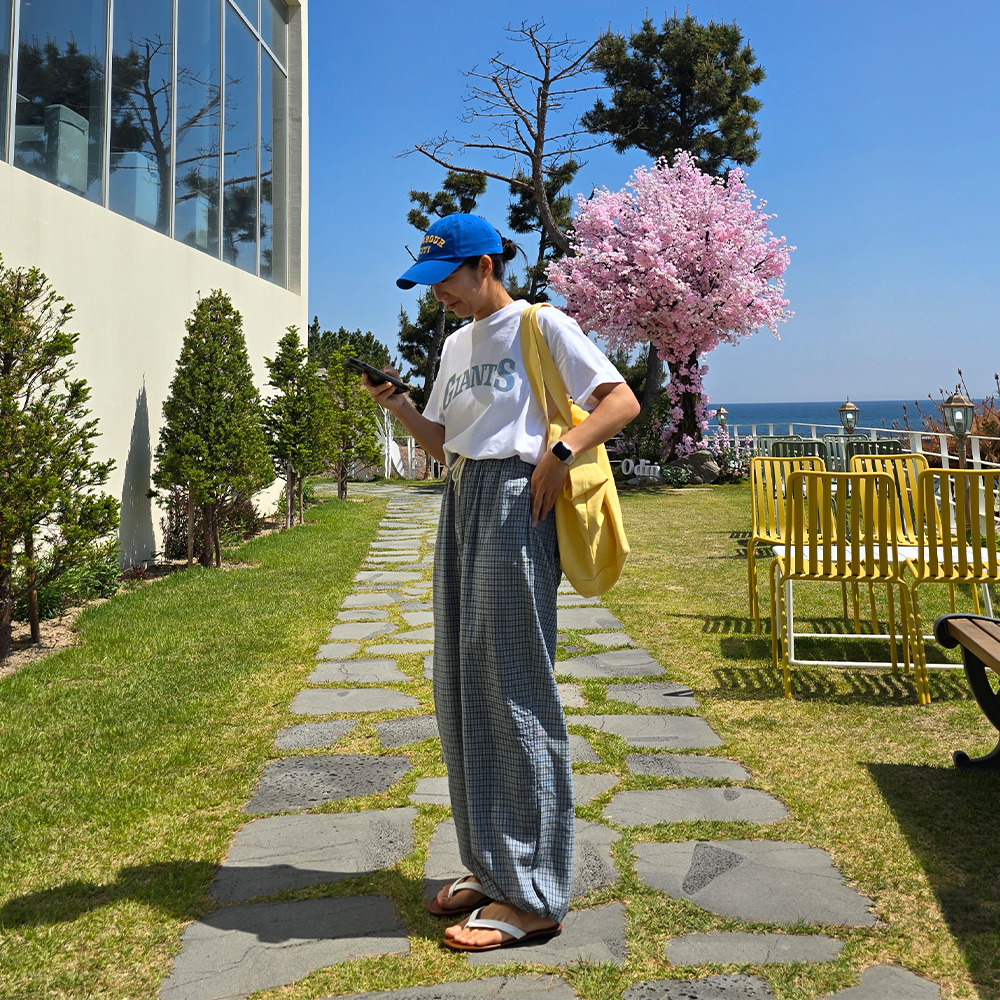 체크 밴딩 여자바지 루즈핏 통바지 - 상세 이미지 3