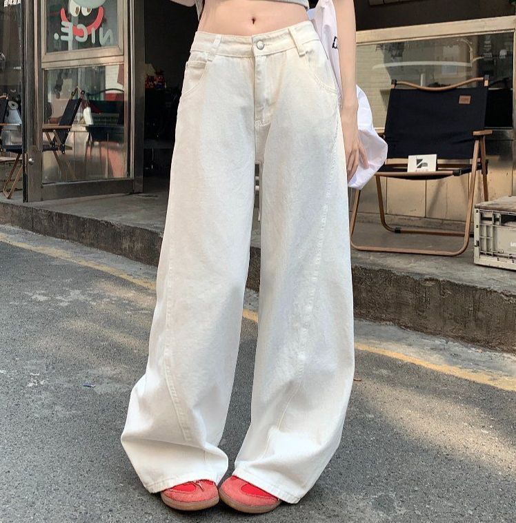 봄 여름 여성 하이웨이스트 루즈핏 기본 워싱 와이드 롱 면 팬츠 바지 화이트 - 상품 이미지