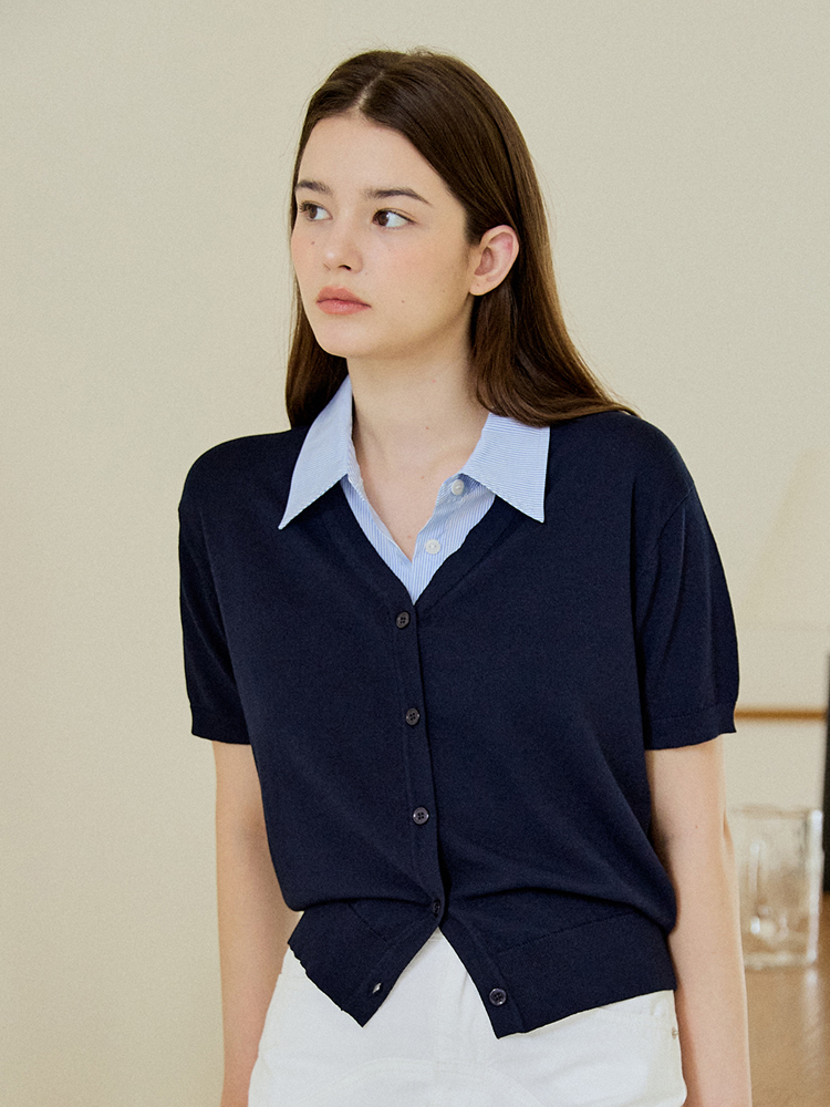 [엽페] 카라 숏 가디건 네이비