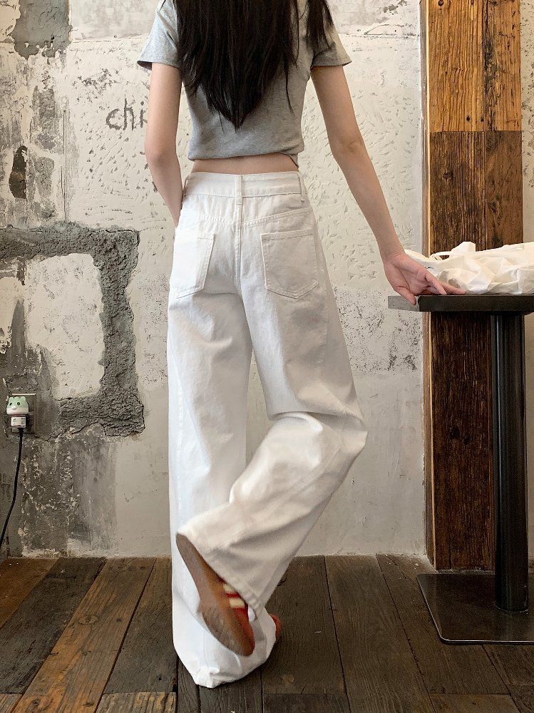 봄 여름 여성 하이웨이스트 루즈핏 기본 워싱 와이드 롱 면 팬츠 바지 화이트 - 상세 이미지 4