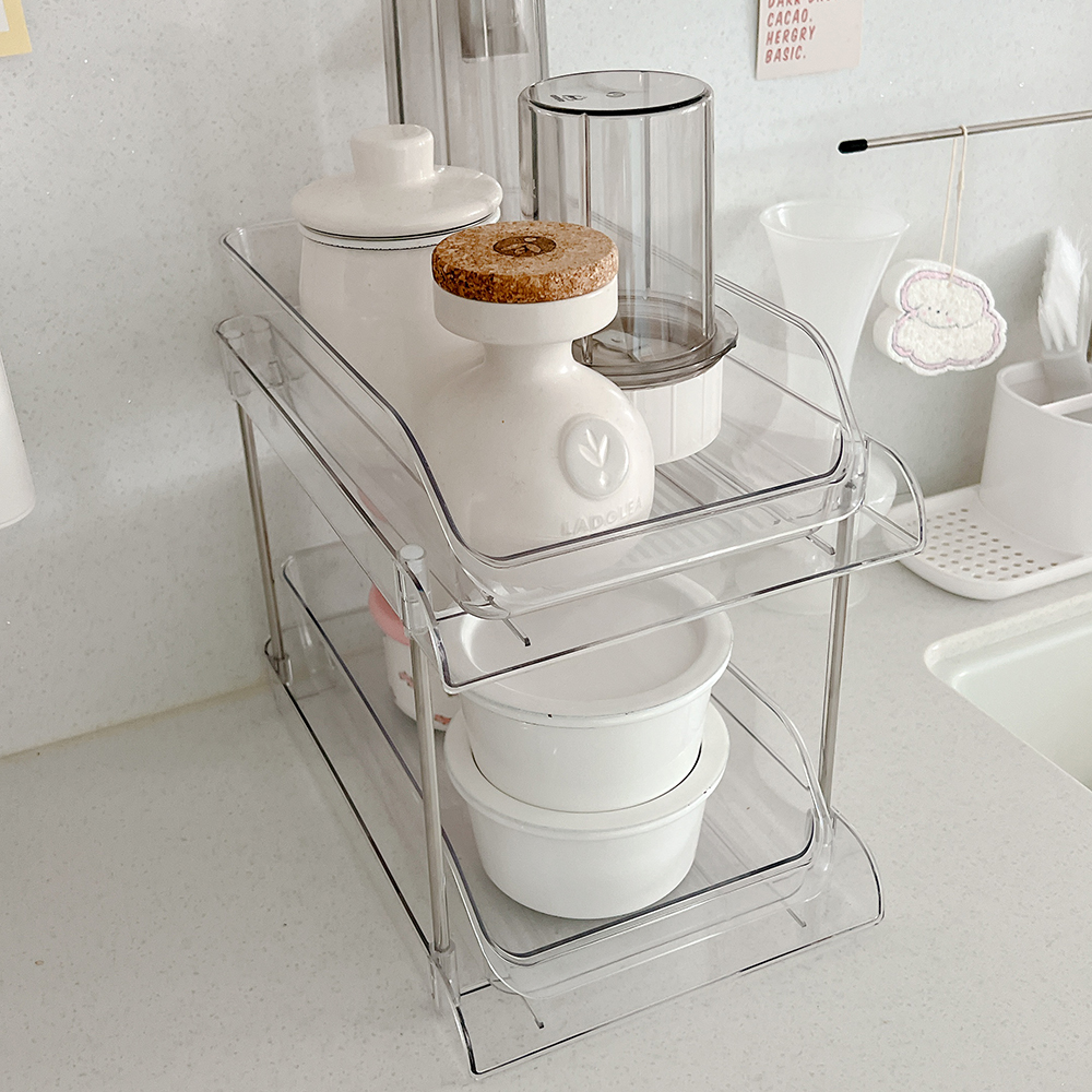 주방 슬라이딩 2단 선반 싱크대 하부장 정리 양념통 씽크대 수납 투명
