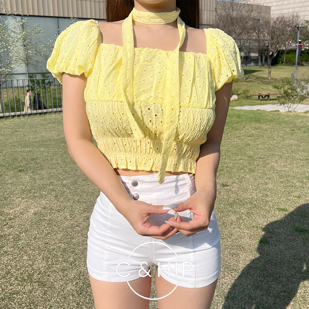컬러 타이 끈 세트 퍼프 스퀘어 린넨 셔츠 크롭 반팔 블라우스 4color - 메인 이미지