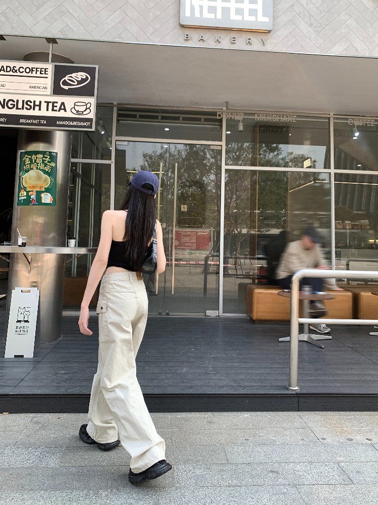 봄 여름 여성 하이웨스트 루즈핏 롱 카고 포켓 면 와이드 팬츠 워크웨어 베이지 - 상세 이미지 4