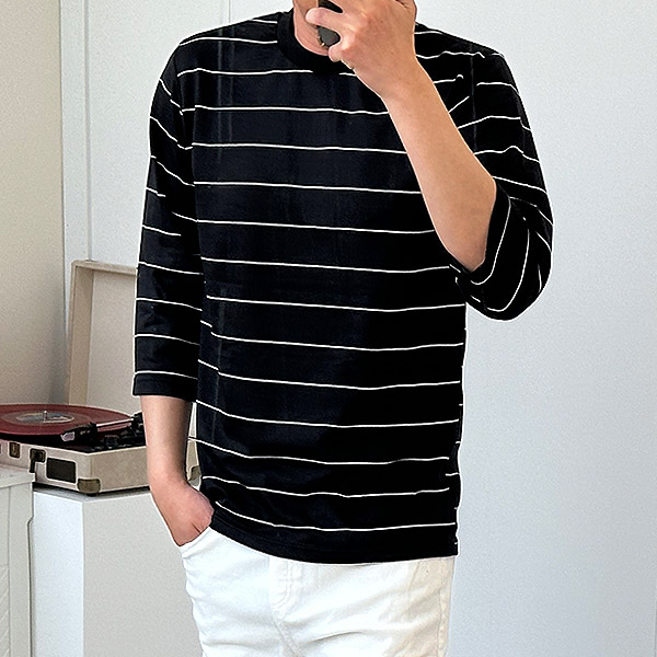 남자 단가라 7부티셔츠 스트라이프 여름 - 상세 이미지 3