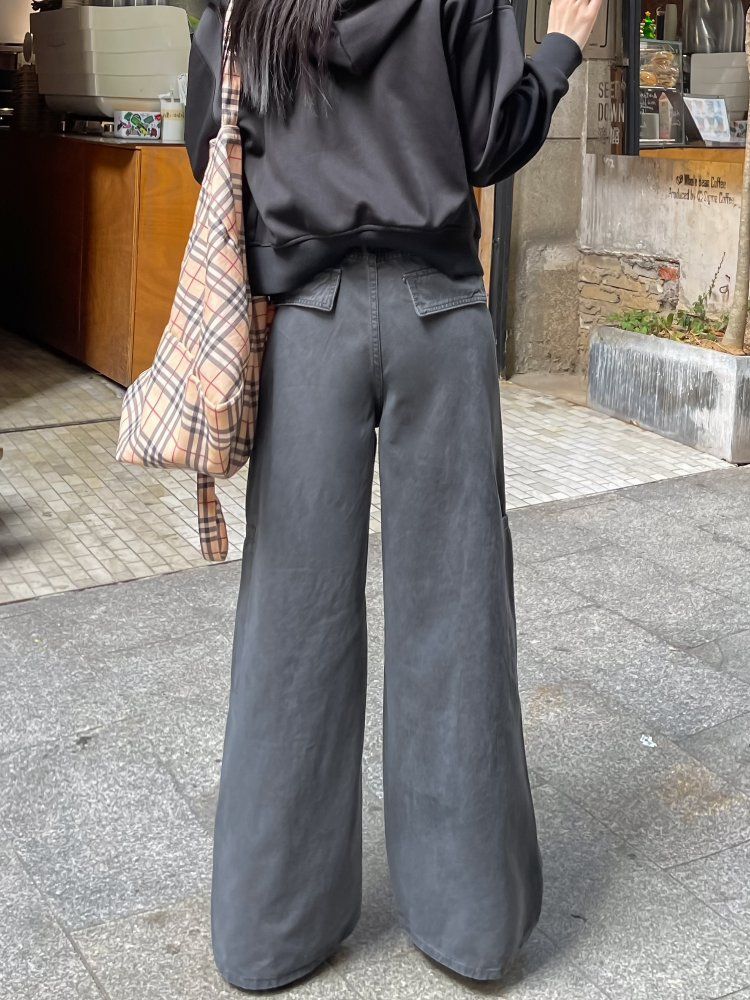 봄 가을 여성 내추럴웨이스트 루즈핏 롱 카고 포켓 면 와이드 팬츠 워크웨어 그레이 - 상세 이미지 3