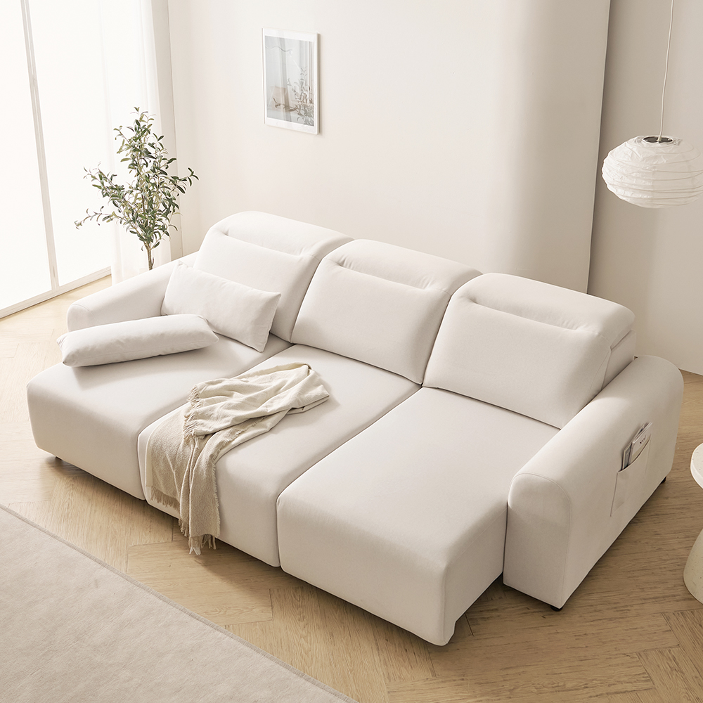 기간할인가 프린홈 스마트 슬릭 무빙 모션 슬라이드 리클라이너 패브릭 소파 스툴미포함, 아이보리, 4인용