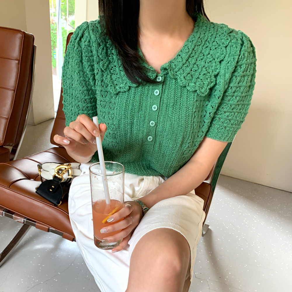 요리나 카라 퍼프 반팔니트 티셔츠 - 상세 이미지 2