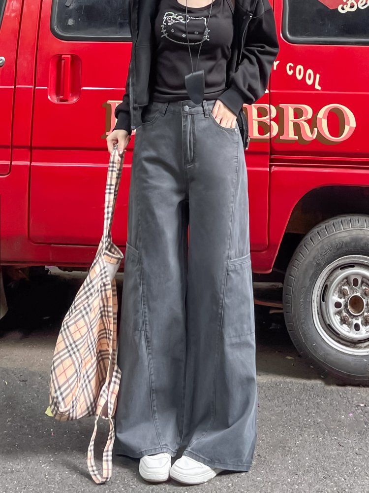 봄 가을 여성 내추럴웨이스트 루즈핏 롱 카고 포켓 면 와이드 팬츠 워크웨어 그레이 - 상세 이미지 4