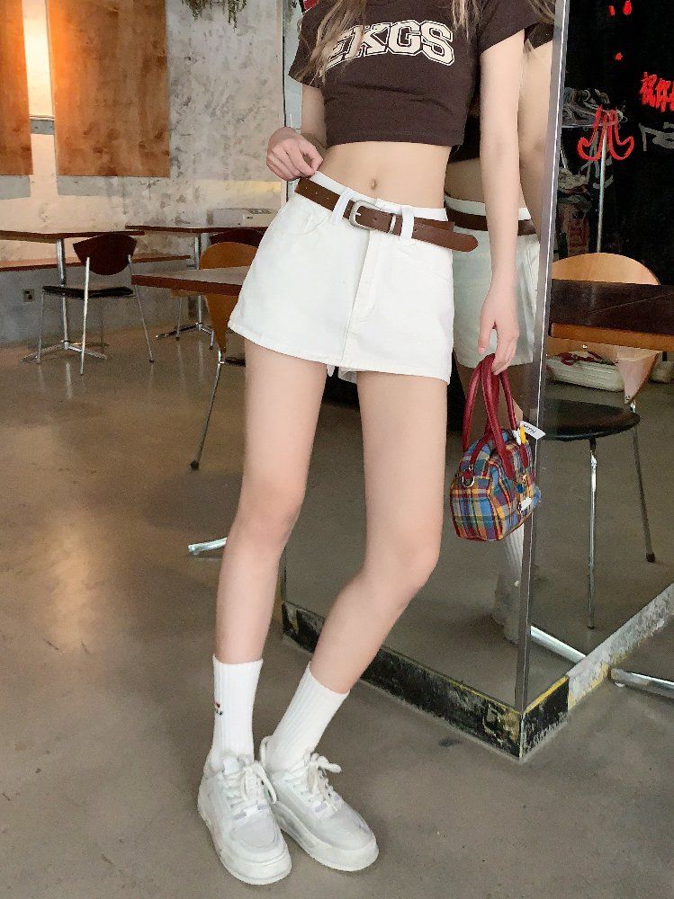 봄 여름 여성 하이웨스트 코튼 데님 미니 스커트 A라인 면 치마바지 화이트 - 상세 이미지 2