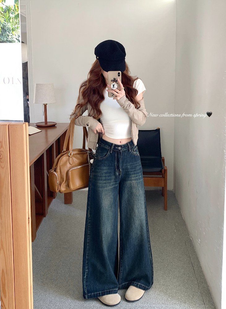 봄 가을 여성 하이웨스트 루즈핏 롱 빈티지 워싱 와이드 데님 팬츠 몽키워싱 청바지 블루 - 상세 이미지 4