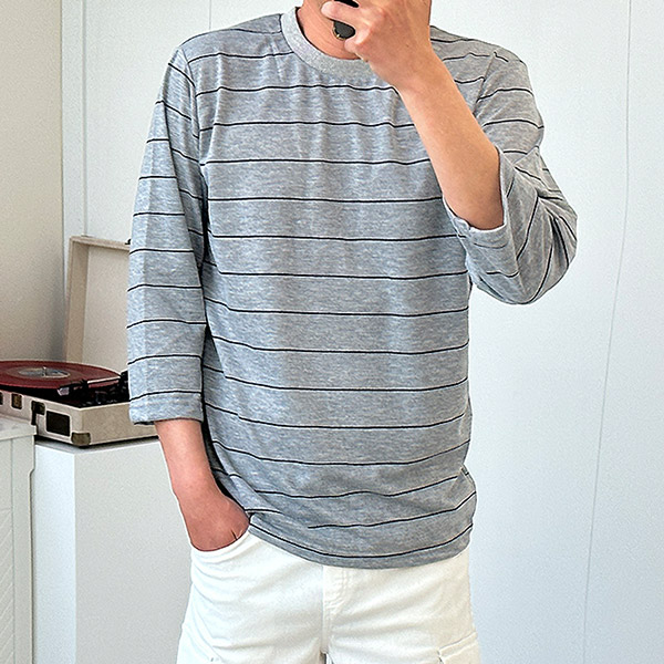 남자 단가라 7부티셔츠 스트라이프 여름 - 상세 이미지 2