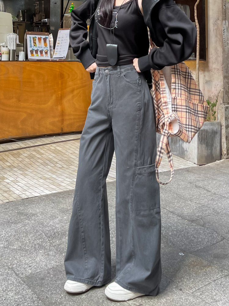 봄 가을 여성 내추럴웨이스트 루즈핏 롱 카고 포켓 면 와이드 팬츠 워크웨어 그레이 - 상세 이미지 2