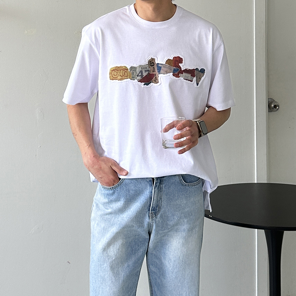 남자 오버핏 반팔 흰색 나염 자수 남자 반팔티 - 상품 이미지