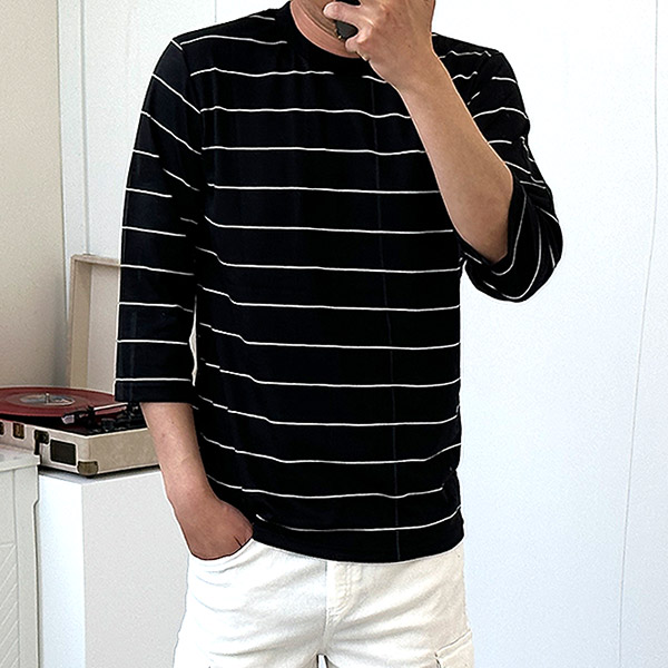 남자 단가라 7부티셔츠 스트라이프 여름 - 상세 이미지 4