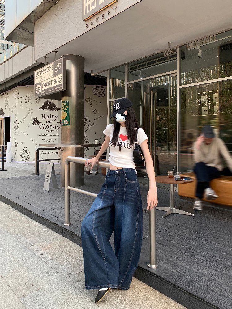 봄 여름 여성 하이웨스트 루즈핏 롱 캣워싱 레터링 데님 팬츠 와이드 청바지 딥블루 - 상세 이미지 4