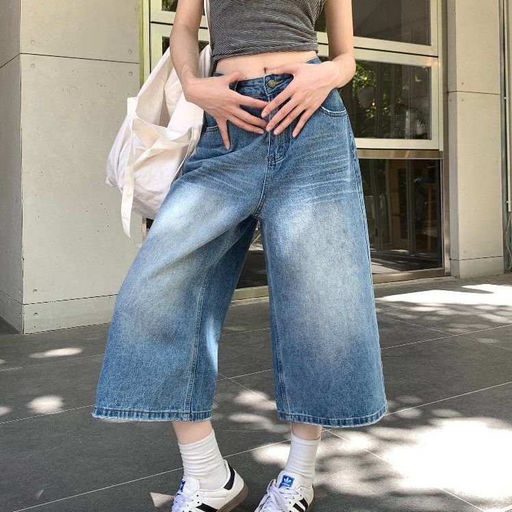 봄 여름 여성 하이웨스트 루즈핏 7부 빈티지 캣워싱 와이드 데님 팬츠 청바지 라이트블루