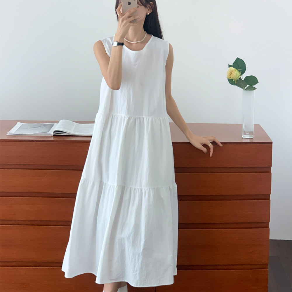 셔링 뒷리본 바스락 원피스 캉캉 민소매 빅사이즈 여름 롱원피스 레이어드 블랙 아이보리