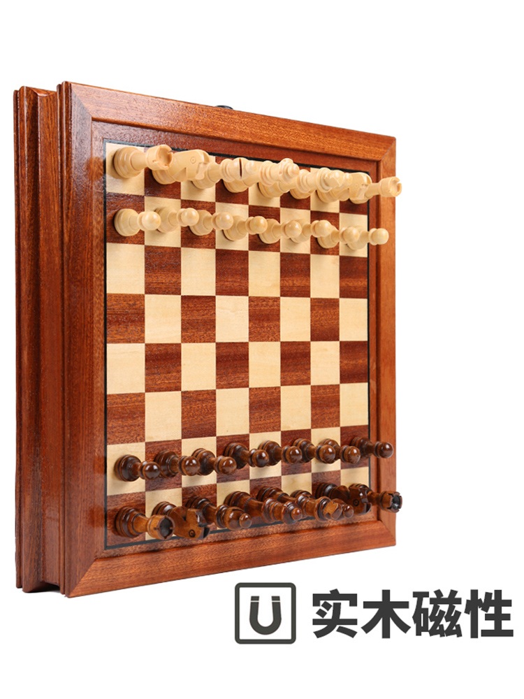 체스보드 원목 게임판 서랍형 보드 휴대용 접이식 조각 중형 41cm 핸드백+입문서 - 상세 이미지 3