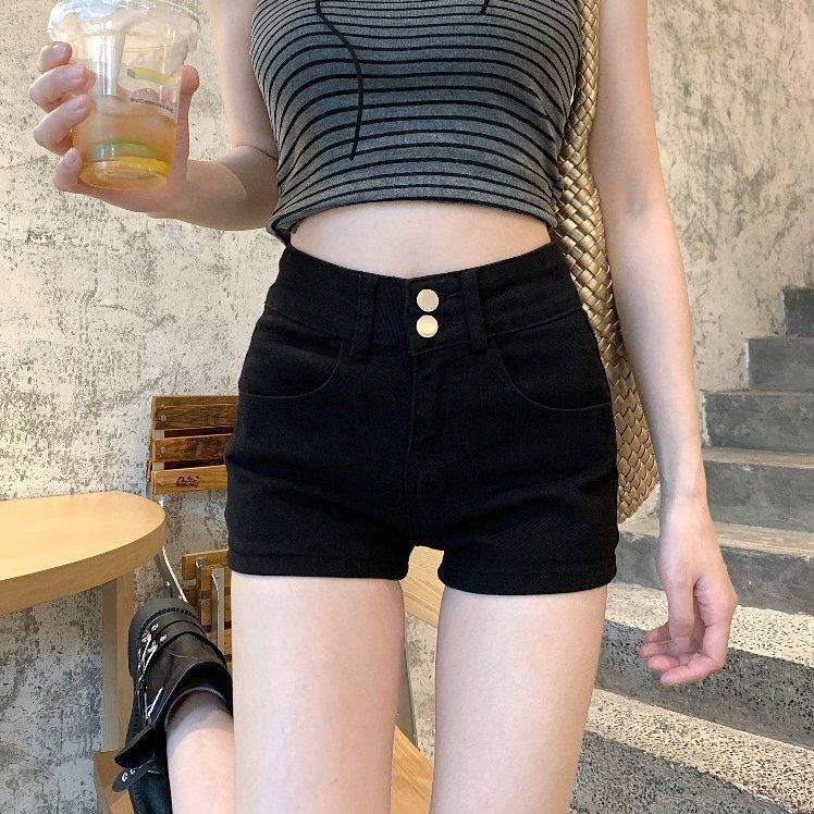 봄 여름 여성 하이웨스트 슬림핏 투버튼 코튼 스판 데님 숏팬츠 핫팬츠 화이트 블랙