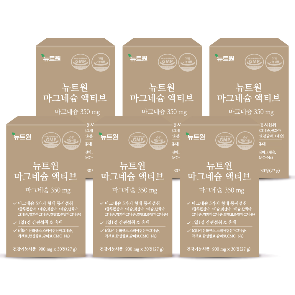 뉴트원 마그네슘 액티브 350mg 약사개발 성인 임산부 청소년 영양제 30정, 6개