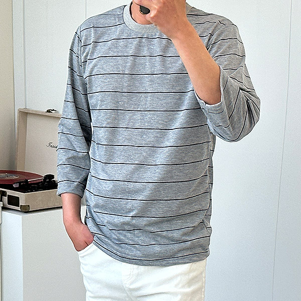 남자 단가라 7부티셔츠 스트라이프 여름 - 상품 이미지