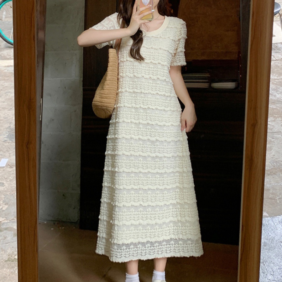 라운드넥 반팔 원피스 프릴 레이스 시스루 여름 빅사이즈 4XL까지 체형보정 화이트 블랙 - 상품 이미지