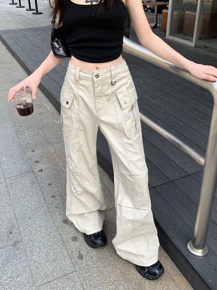 봄 여름 여성 하이웨스트 루즈핏 롱 카고 포켓 면 와이드 팬츠 워크웨어 베이지 - 상세 이미지 3
