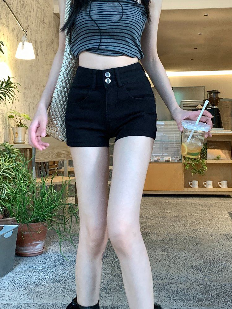 봄 여름 여성 하이웨스트 슬림핏 투버튼 코튼 스판 데님 숏팬츠 핫팬츠 화이트 블랙 - 상세 이미지 3