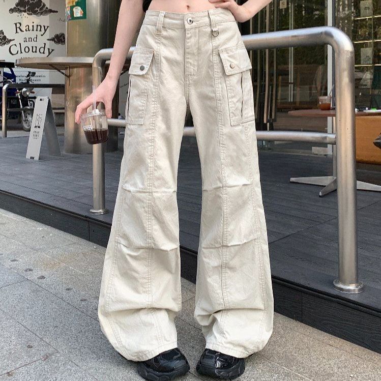봄 여름 여성 하이웨스트 루즈핏 롱 카고 포켓 면 와이드 팬츠 워크웨어 베이지 - 상품 이미지