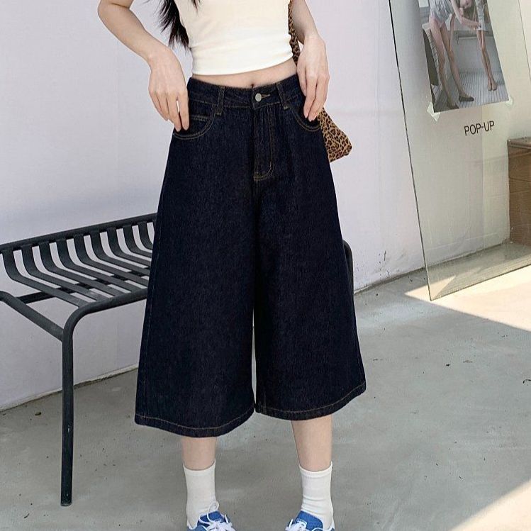 봄 여름 여성 하이웨스트 루즈핏 7부 생지 와이드 데님 팬츠 카프리 청바지 딥블루