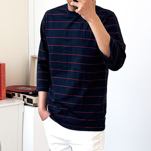 남자 단가라 7부티셔츠 스트라이프 여름 - 상세 이미지 5