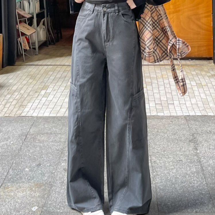 봄 가을 여성 내추럴웨이스트 루즈핏 롱 카고 포켓 면 와이드 팬츠 워크웨어 그레이 - 상품 이미지